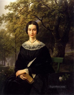 バレンド・コルネリス・コエクク Painting - 若い女性の肖像画 オランダの風景 Barend Cornelis Koekkoek